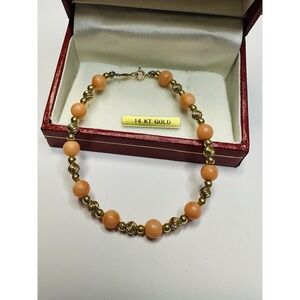 14k Yellow Gold Bead and Round Coral Bead Bracelet w/ Lobster Clasp